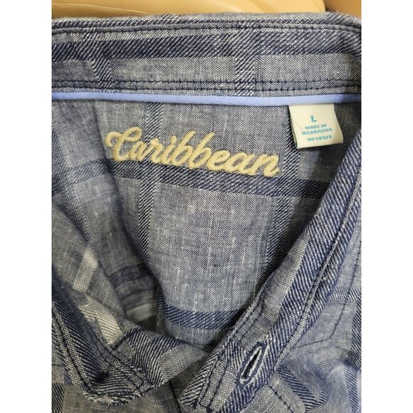 Caribbean Mens Shirt Size L Linen Blend Short Sleeve button Up blue gray (35) - Picture 7 of 10